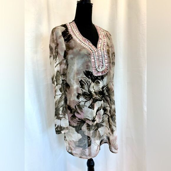 Premise brown pink sheer chiffon gem jewelled beach coverup blouse top Sz L 🔥 - Picture 3 of 10